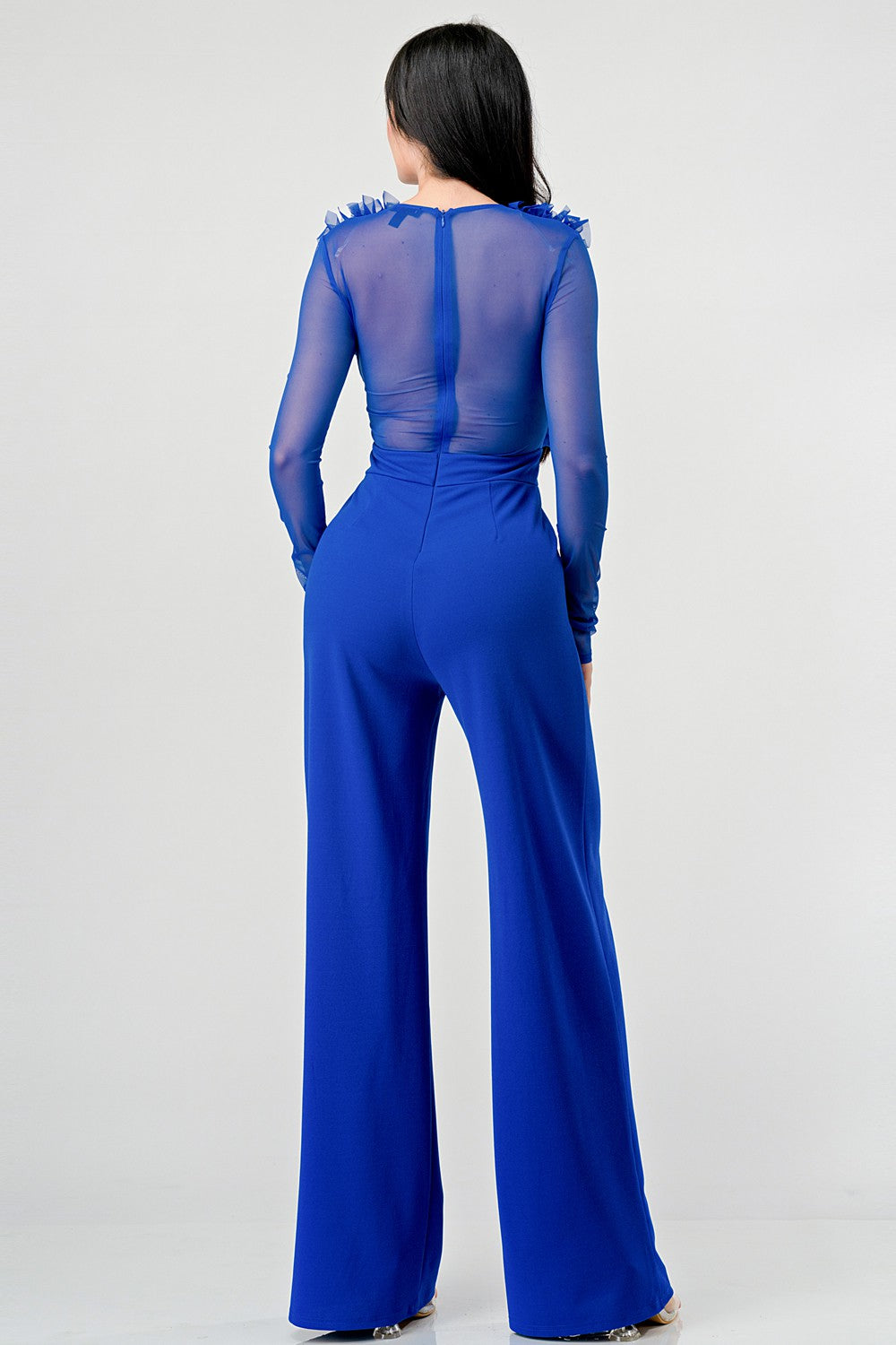 LUXE TECHNO CREPE RUFFLE TRIM V-NECK WIDE LEGS BODYCON JUMPSUIT