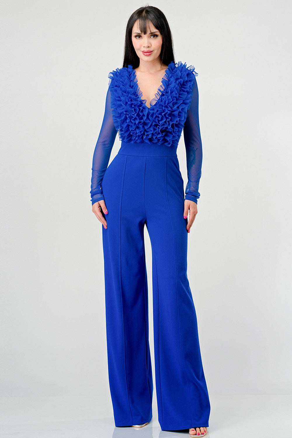 LUXE TECHNO CREPE RUFFLE TRIM V-NECK WIDE LEGS BODYCON JUMPSUIT
