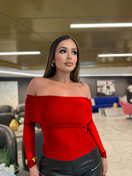 Off the shoulder mesh top.