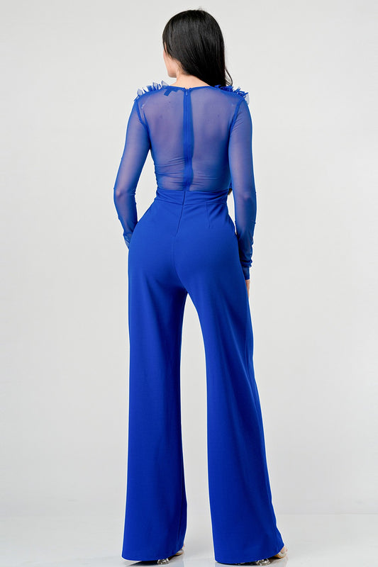 LUXE TECHNO CREPE RUFFLE TRIM V-NECK WIDE LEGS BODYCON JUMPSUIT